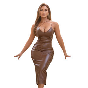 Fashion Nova Women's Make It Sexy Faux Leather Midi Dress Size XL Brown